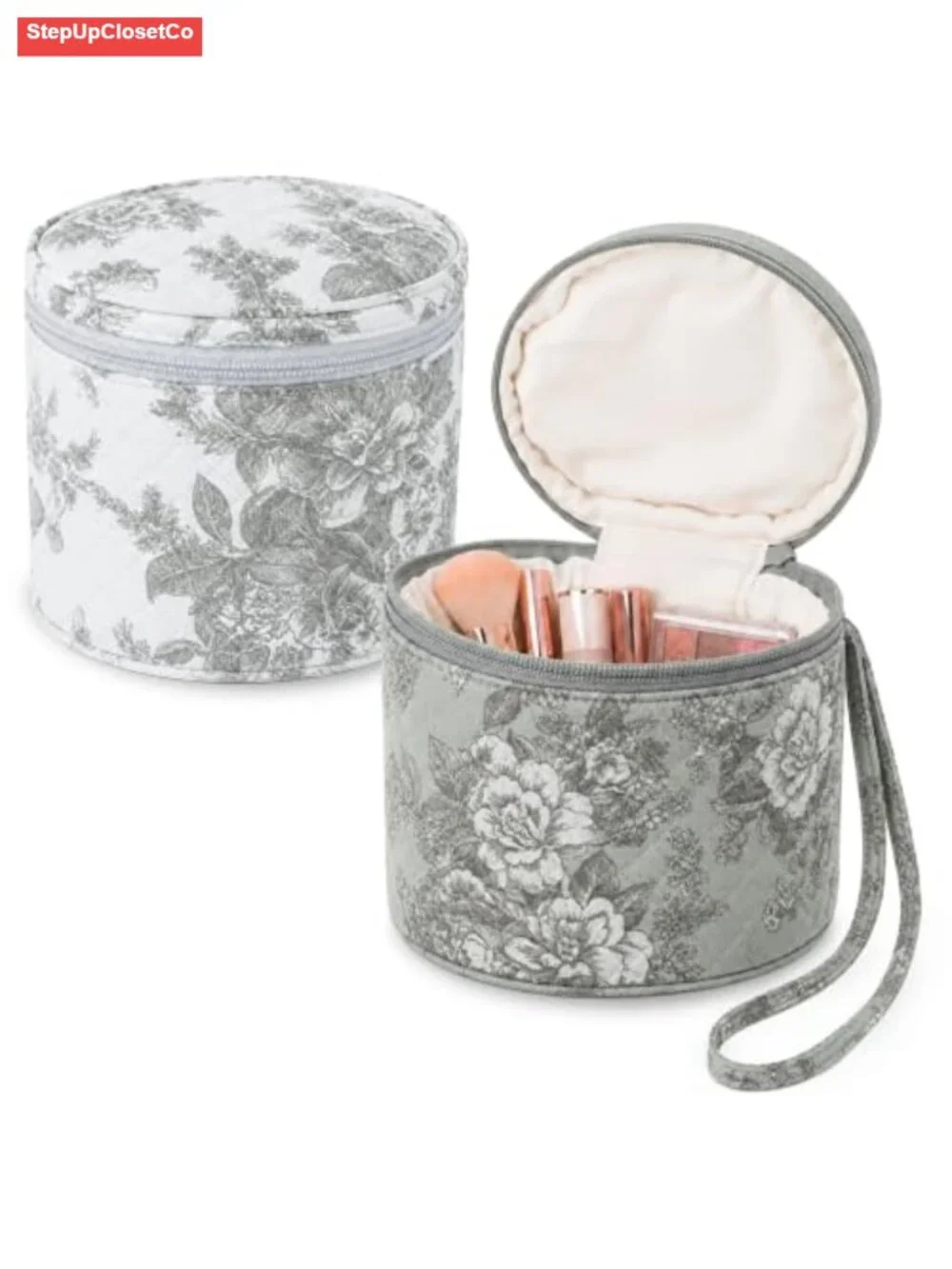 Set of 2 Hand Embroidered 100% Linen Cylinder Cosmetic Storage Boxes with Zipper